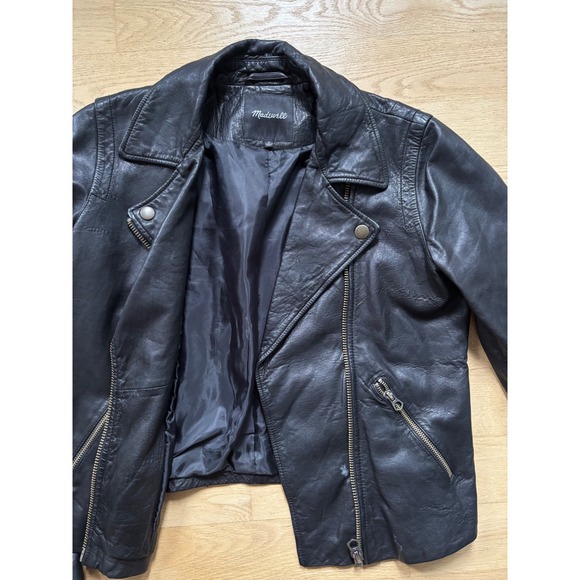 Madewell Womens Black Washed Leather Motorcycle Jacket Medium Edgy Moto Grunge - Picture 7 of 13